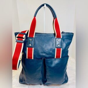 Coach Navy Pebbled Leather Tote / Shoulder Bag with Red & White Straps